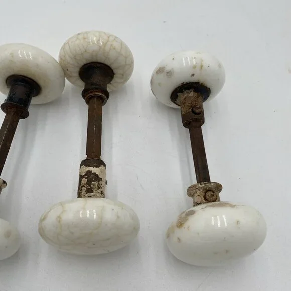 Antique Door Knob Handle Lot Porcelain White Art Deco Victorian VIntage Set 3